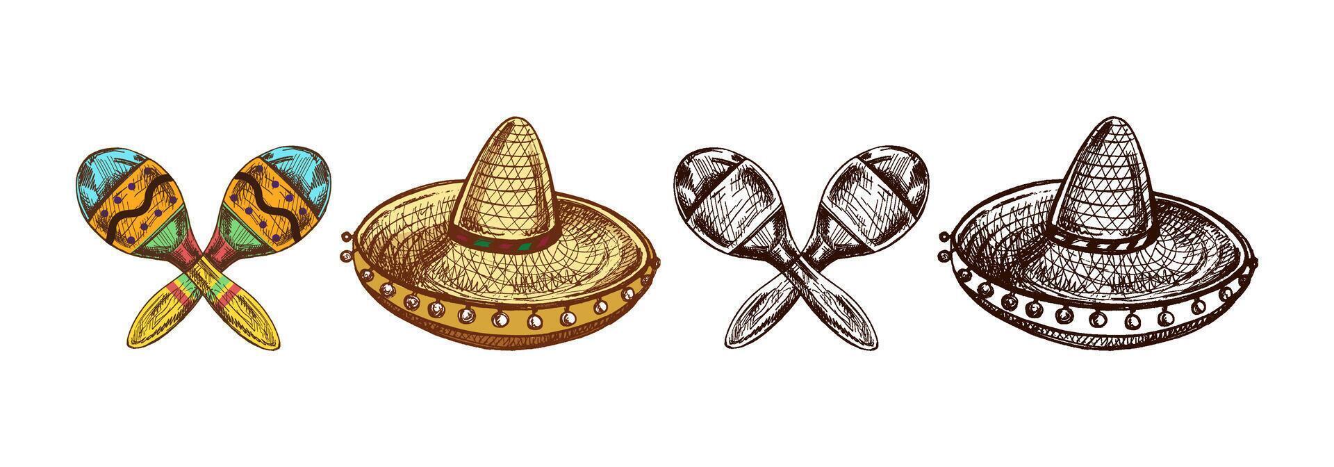 Hand-drawn colored and monochrome sketches of maracas and sombrero. Vintage drawing of hat. black ink outline illustration. Mexican culture, clothes vector