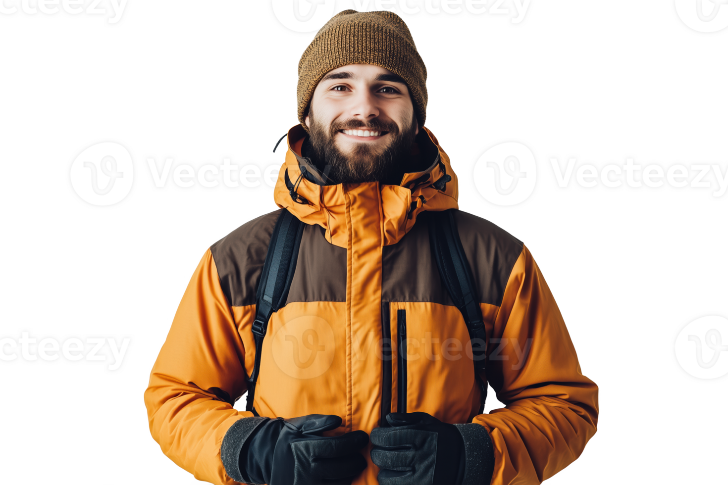Man wearing an orange and brown jacket with gloves stands smiling indoors during winter png