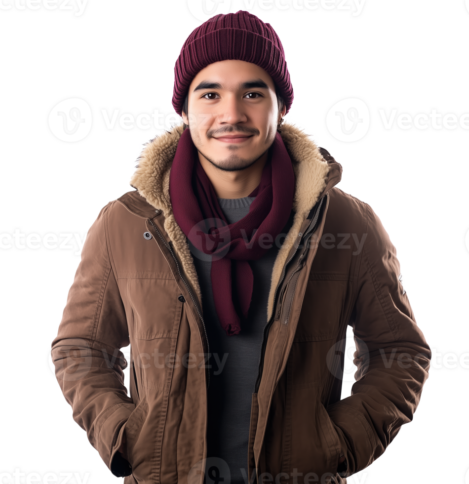 Stylish young man winter coat and scarf poses confidently against a plain backdrop png