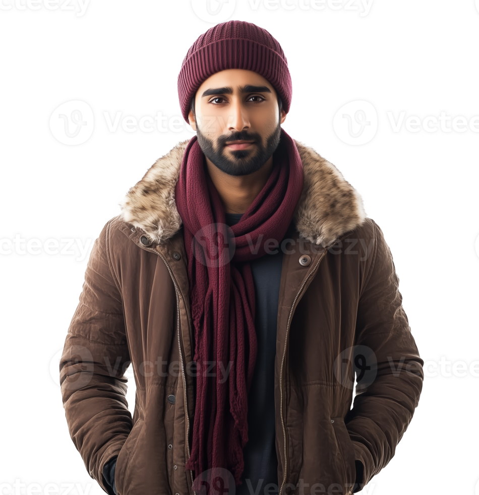 Attractive Indian man in casual winter attire with a scarf and beanie indoors png