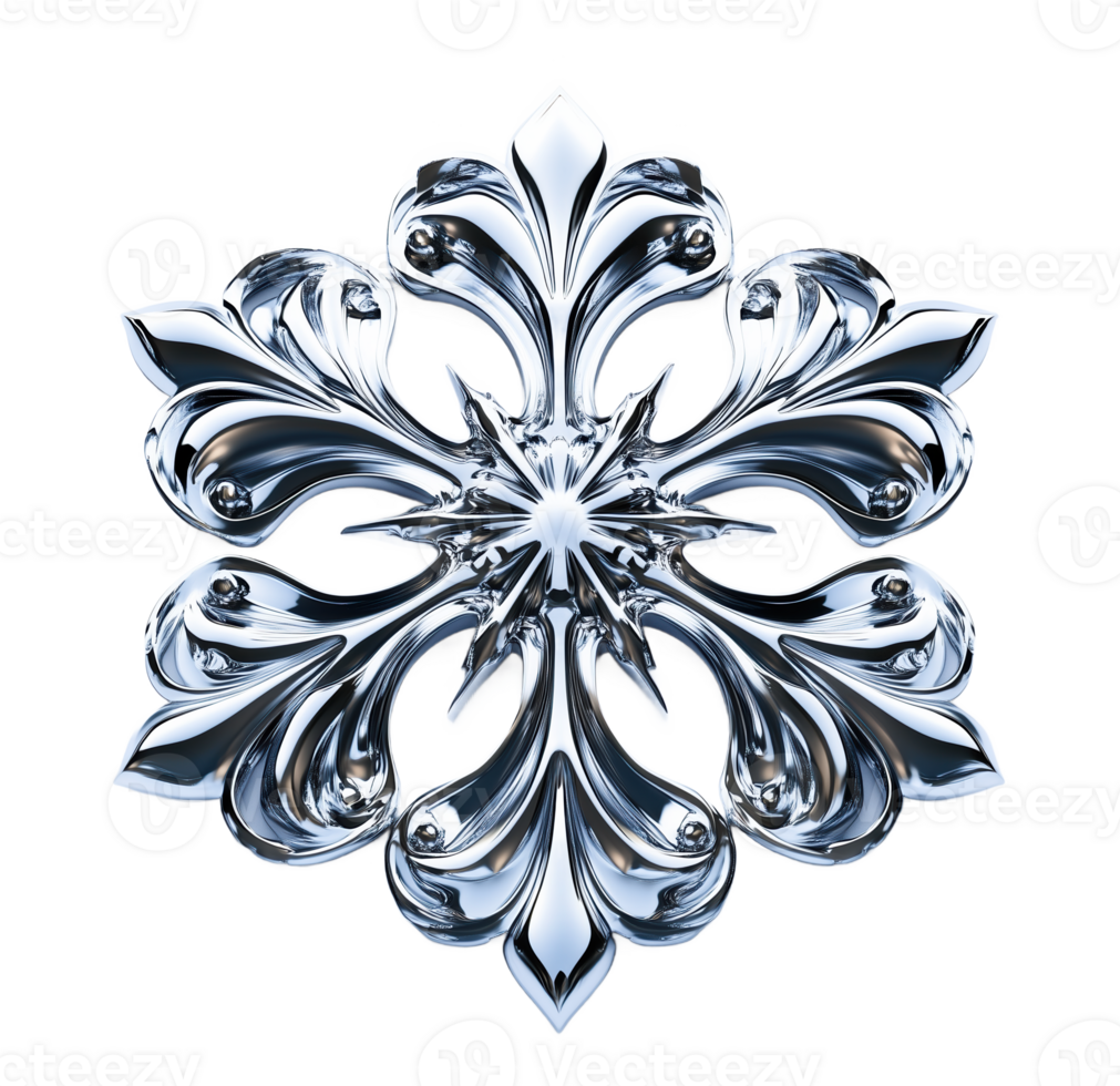 Elegant metal snowflake icon designed with intricate patterns and a reflective finish png