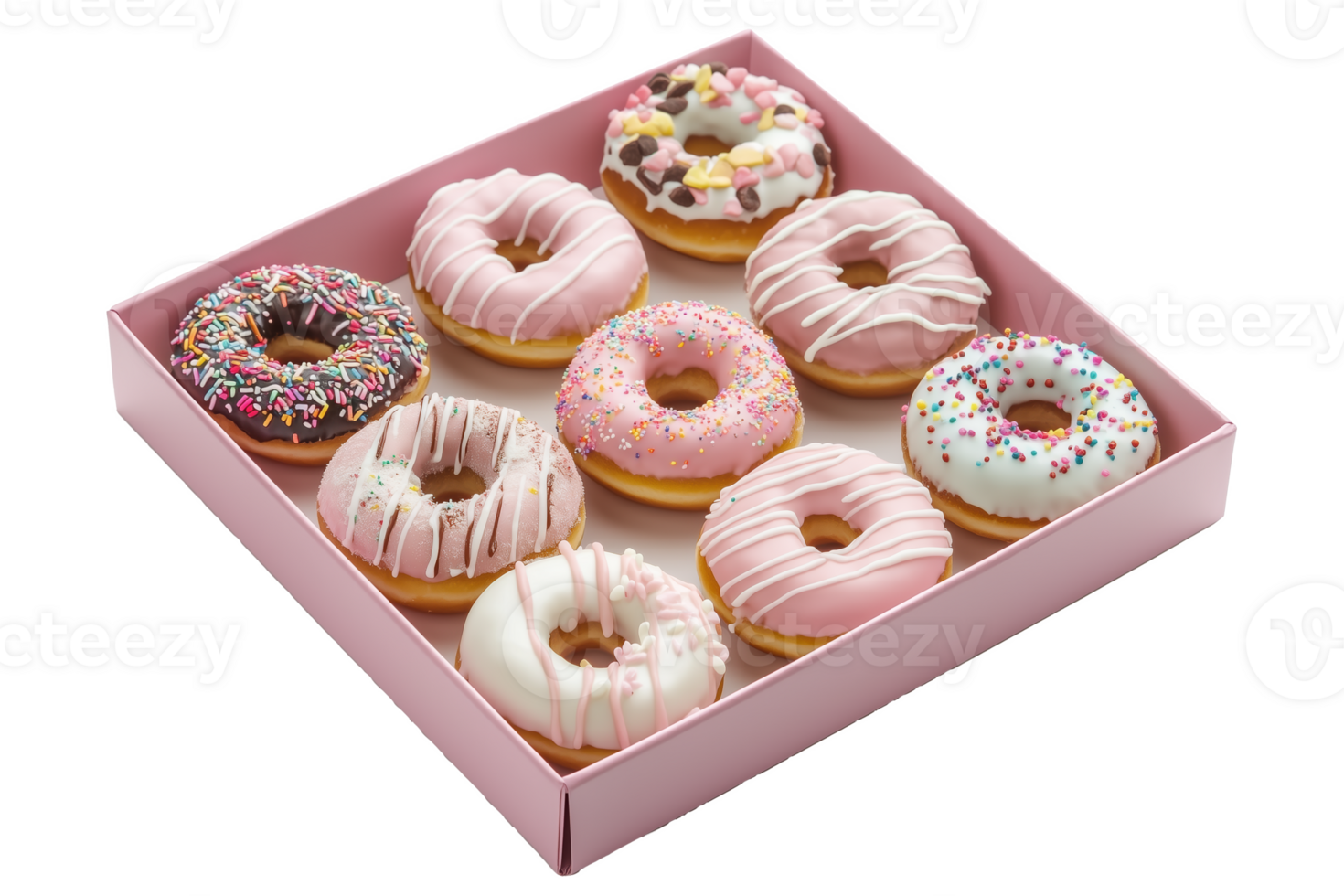 Assorted doughnuts pink box with colorful decorations light png