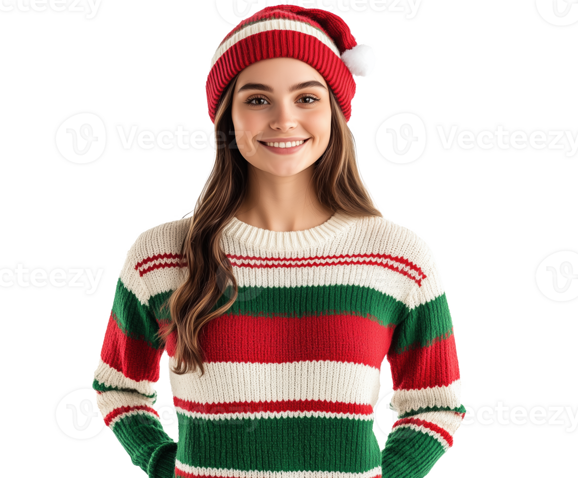 Festive sweater and hat cheerful model against a bright png