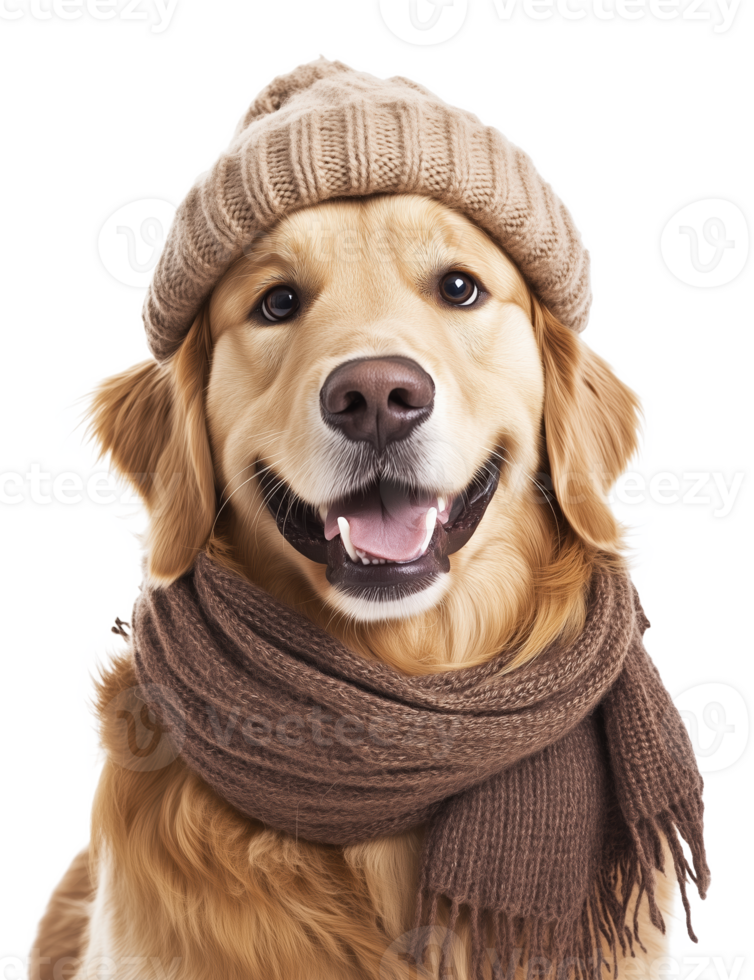 Golden retriever wearing a hat and scarf, smiling warmly for a cozy winter look png