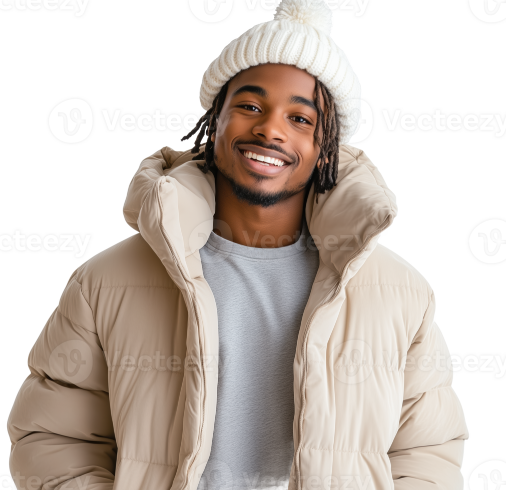 Handsome African American man smiling warmly in cozy winter attire indoors png
