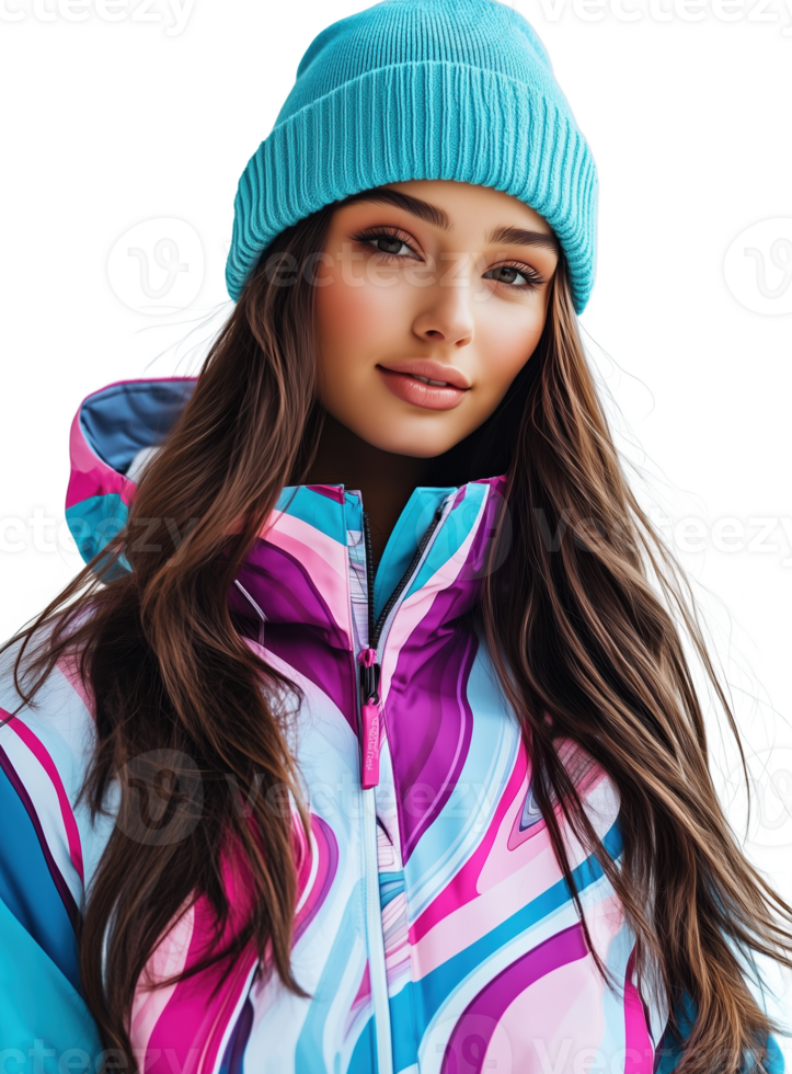 A woman models a vibrant ski jacket and hat, ready for winter adventures in the snow png