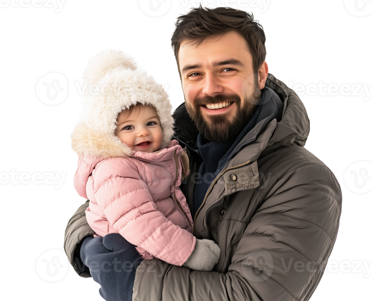 A smiling young father holds his cheerful baby girl during winter cozy setting png