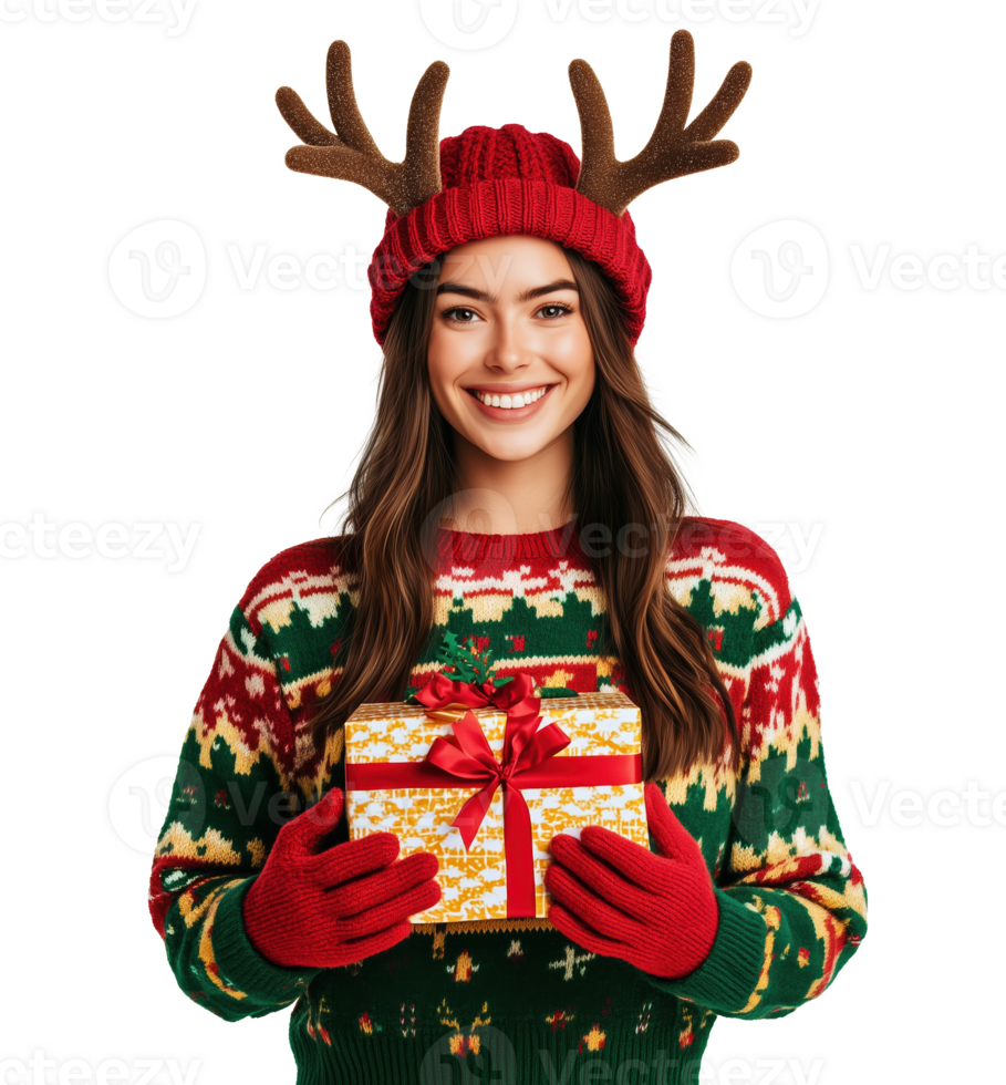 Festively dressed woman Christmas sweater with deer antlers holding a gift png
