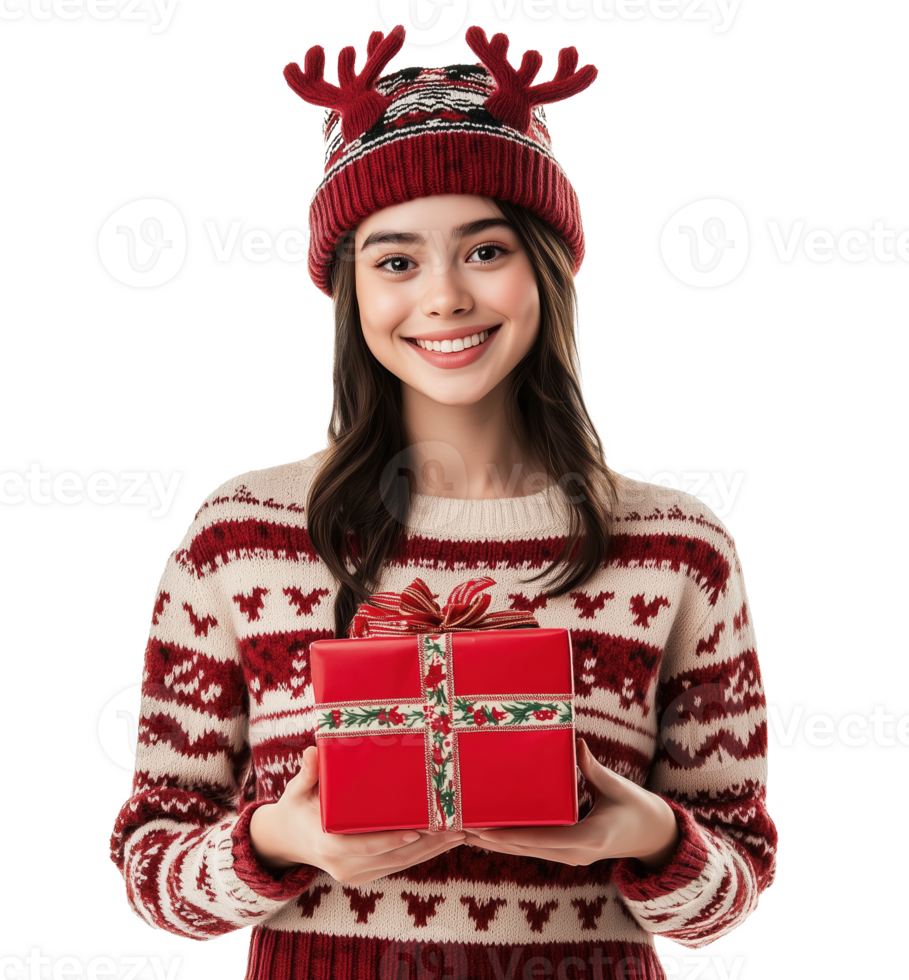 A smiling woman wearing a Christmas sweater and antler hat holds a gift png