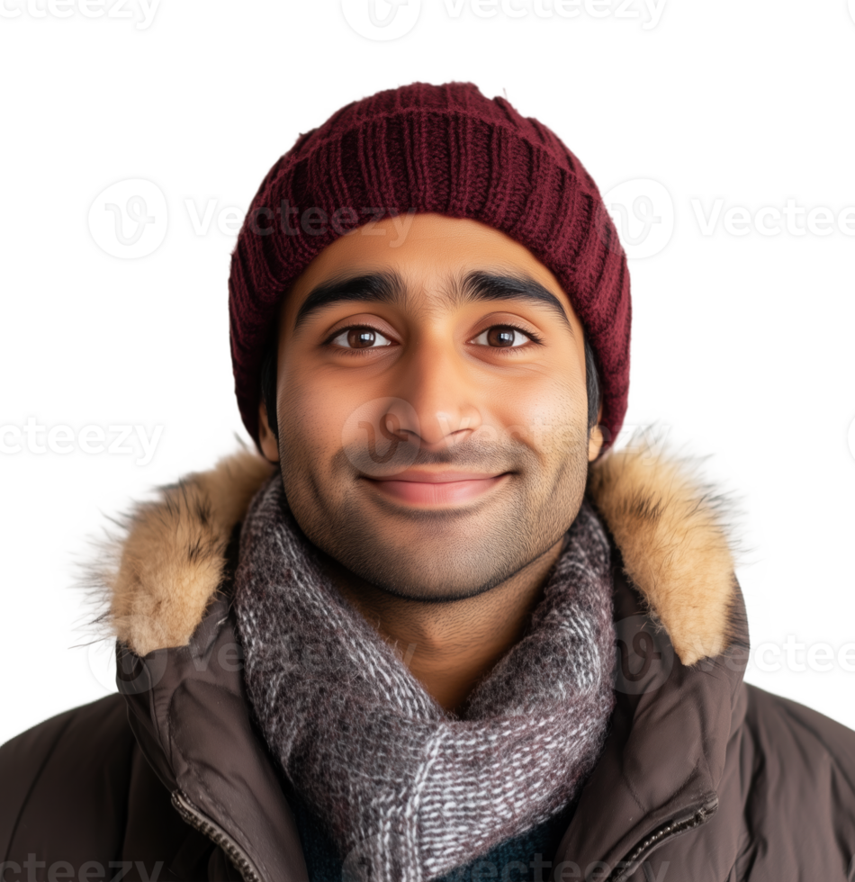 Attractive Indian man wearing a beanie and scarf smiling warmly cozy indoor setting png