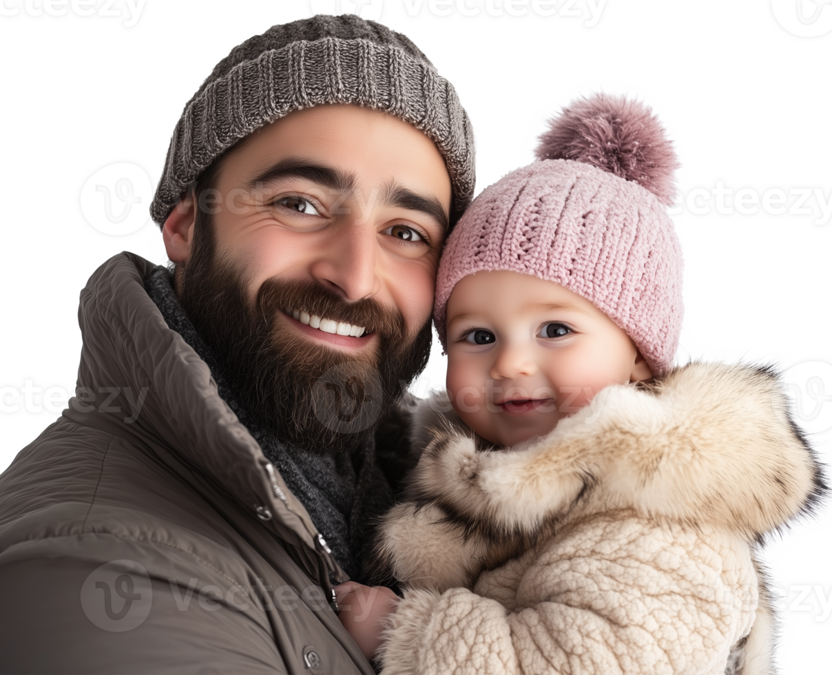 Smiling father joyfully holding his young child in winter attire indoors png