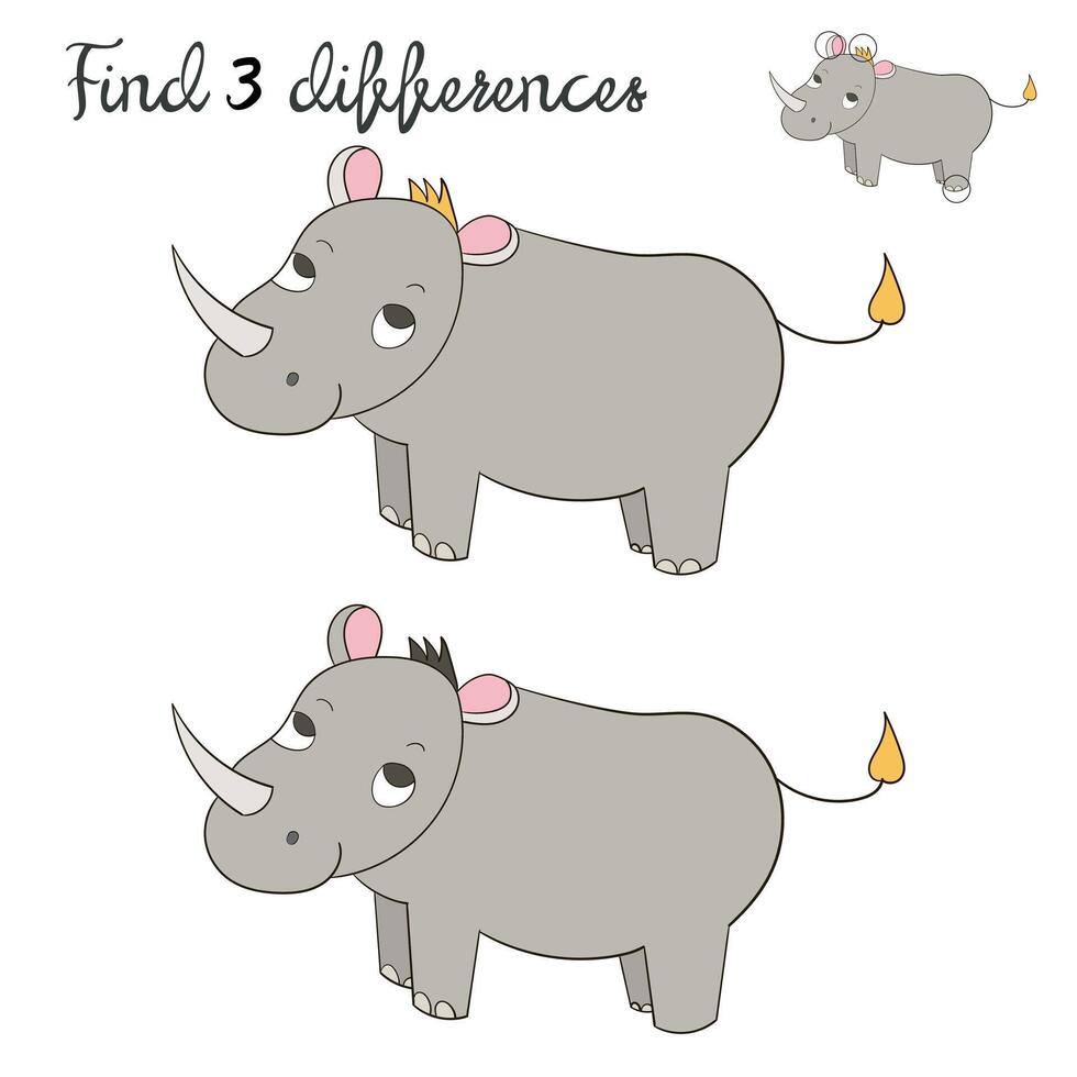 Find differences kids layout for game rhino hand drawn doodle cartoon illustration vector