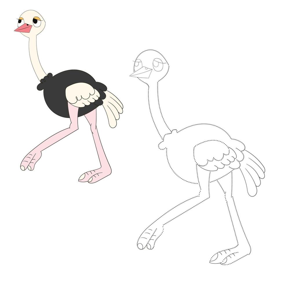 Connect the dots game ostrich cartoon doodle hand drawn illustration vector