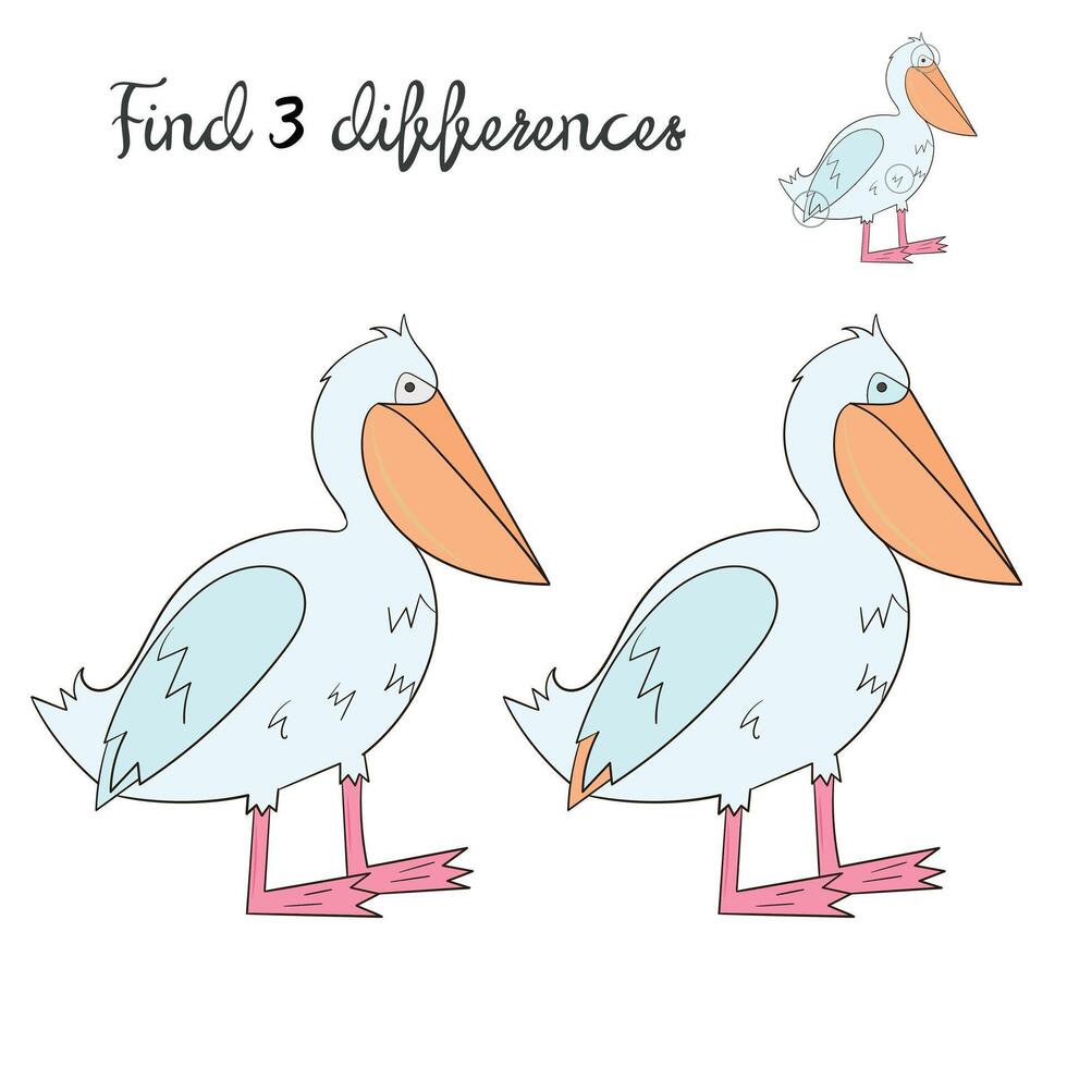 Find differences kids layout for game pelican cartoon hand drawn doodle illustration vector