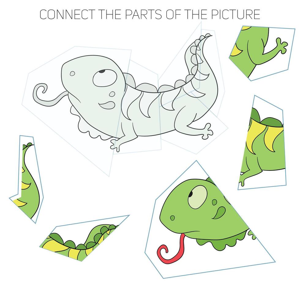 Puzzle game for children cartoon doodle hand drawn iguana vector