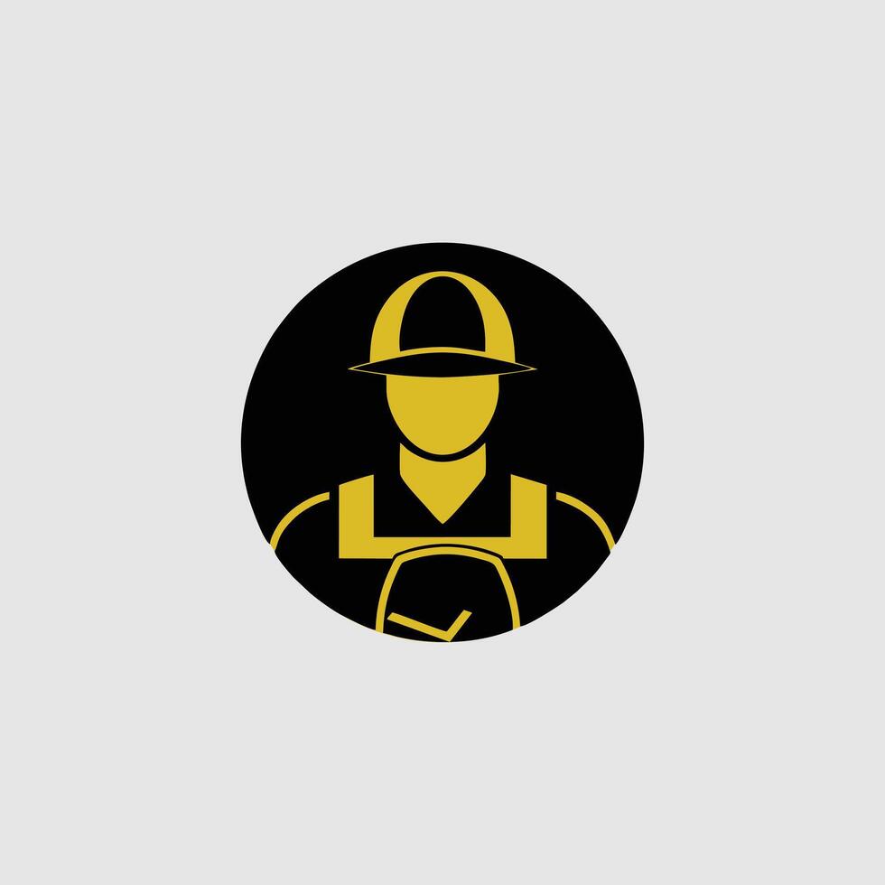 a black and yellow icon of a man in a hat vector