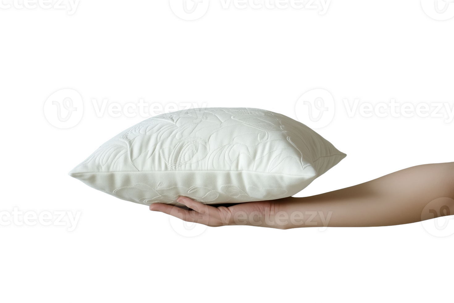 A person gently holds a embroidered pillow against a neutral png