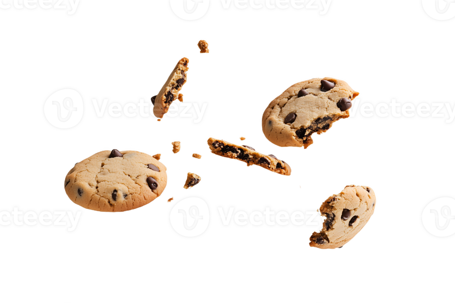 Broken chocolate chip cookies soar, scattering delicious crumbs everywhere png