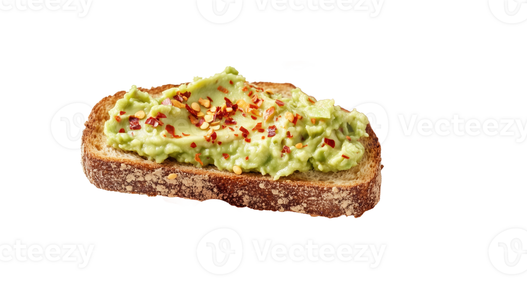 Person holding a slice of toast topped with smashed avocado and red pepper flakes png