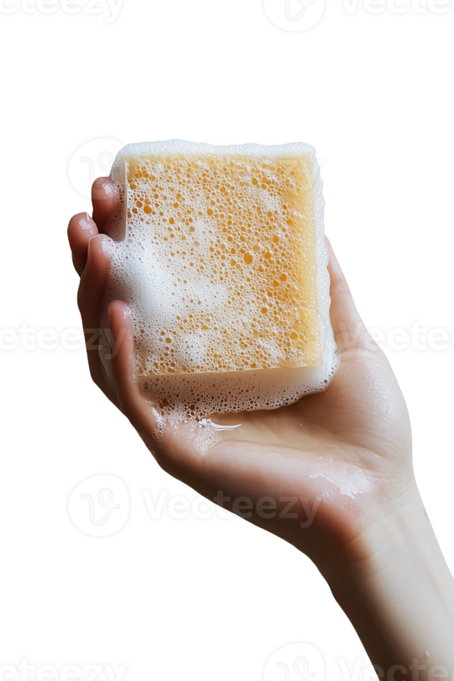 A person holds a soapy sponge while preparing to clean surfaces in a bright, airy space png