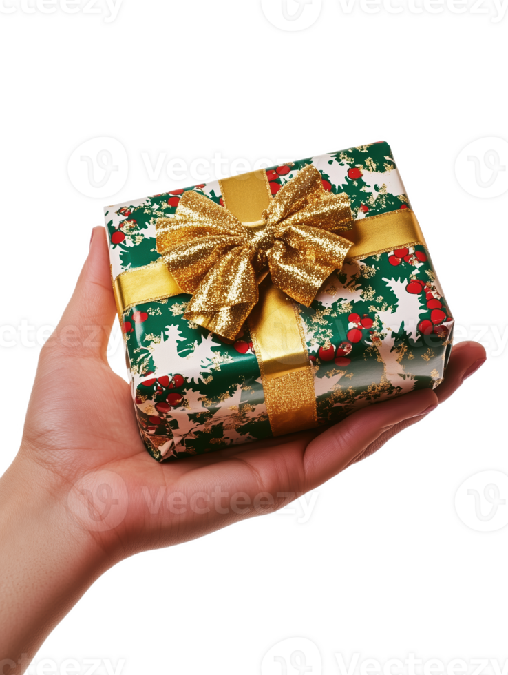 A person with a beautifully wrapped gift in festive holiday decor png