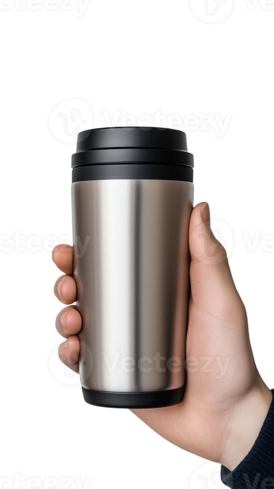 Person holding a stainless steel travel mug in a relaxed indoor setting png