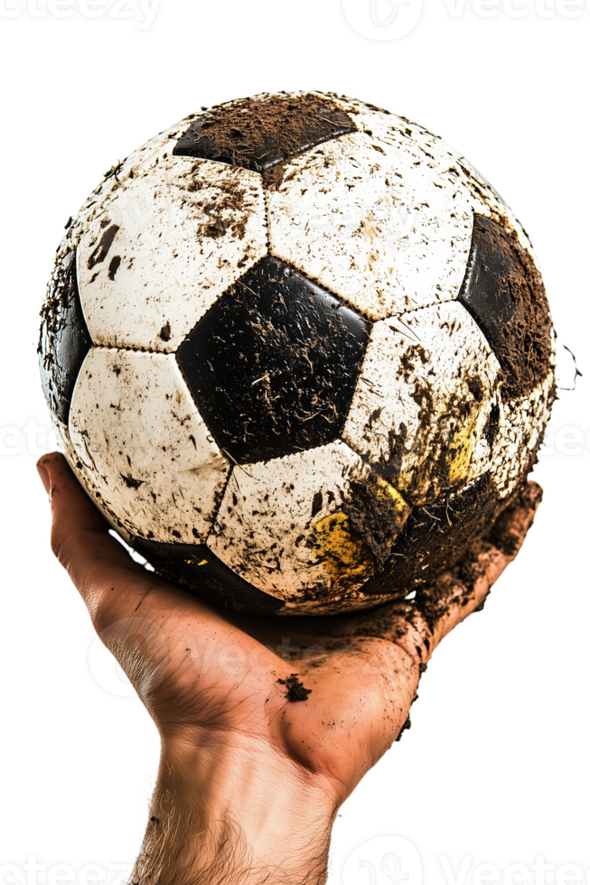Dirty soccer ball held in hand, showing signs of outdoor play and excitement png