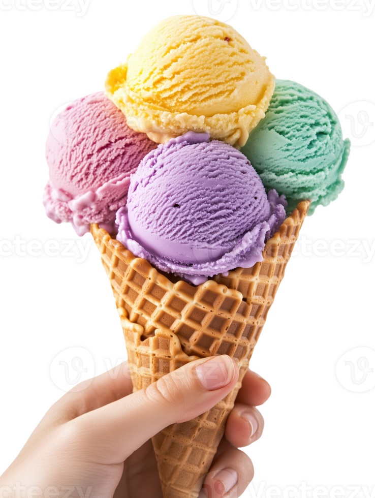 Colorful waffle cone filled with four scoops of ice cream in a hand png