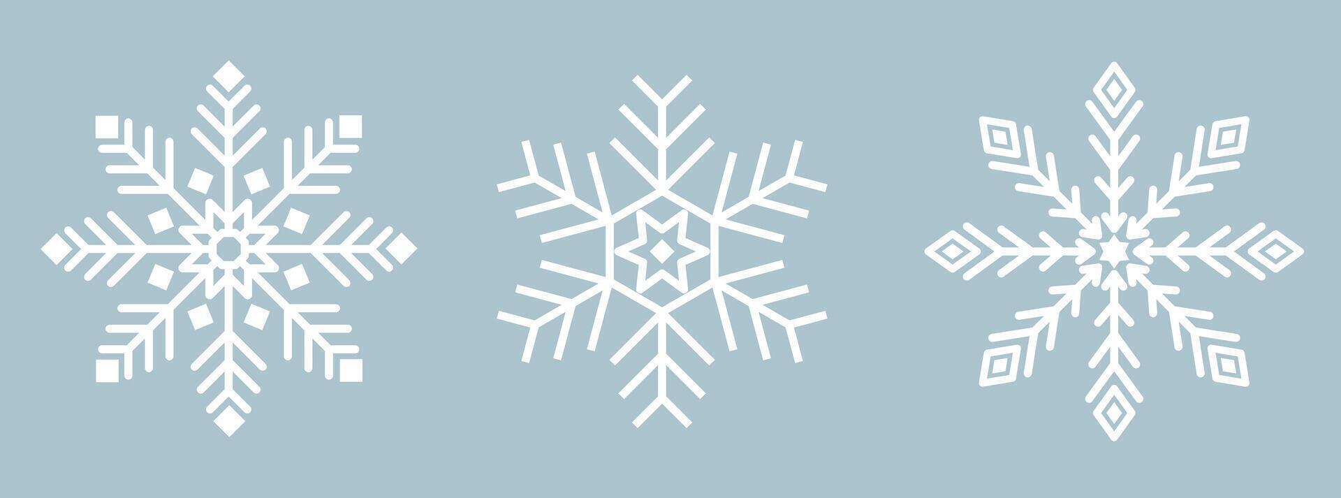 Snowflake icons set. White ice snowflake on blue background. Crystals, Christmas, new year. Winter symbol. vector