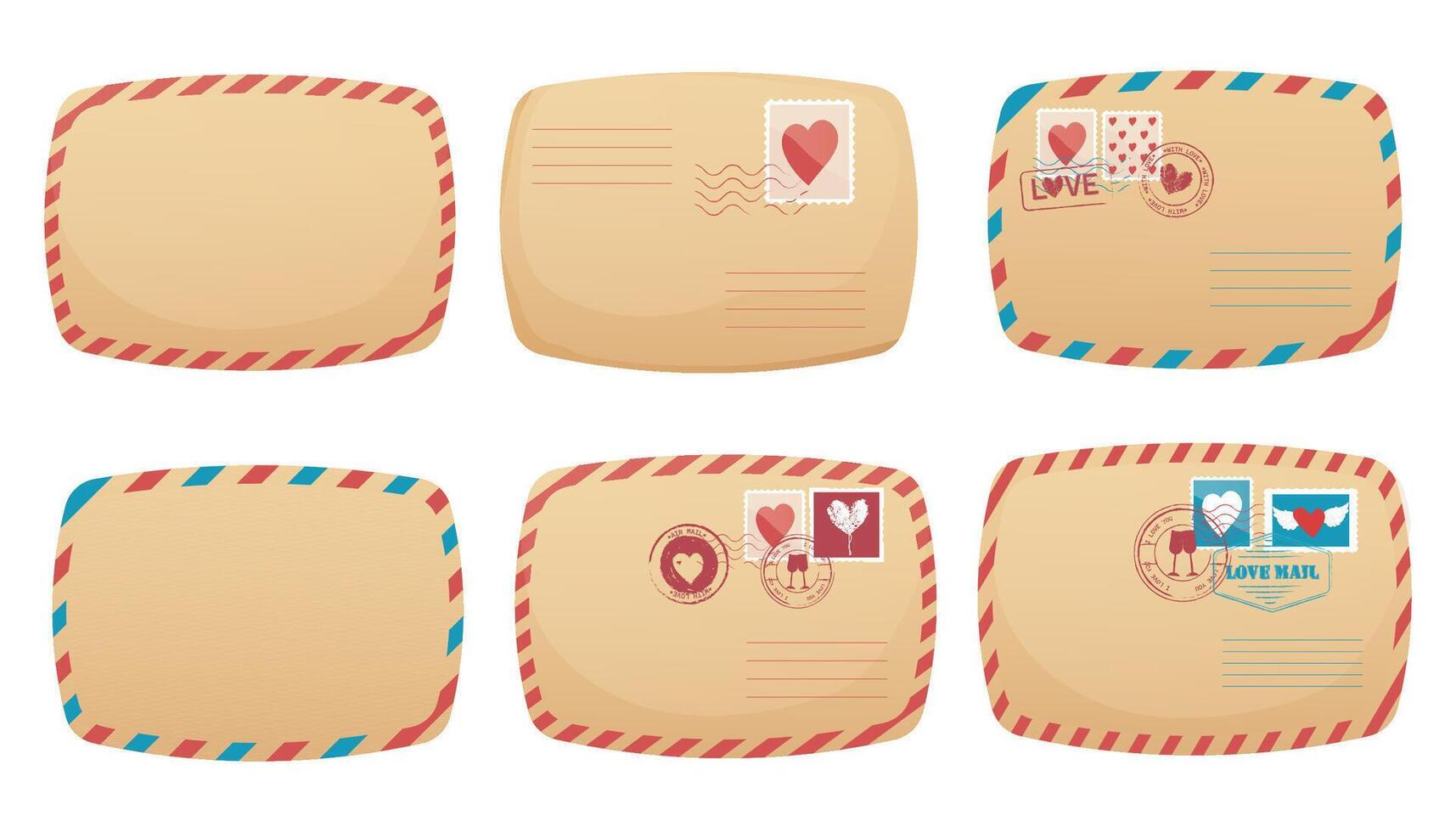 Set love letter air mail, retro romantic envelope with striped border. Postal Stamp with heart, wings, love message. Valentine day or wedding decoration. vector