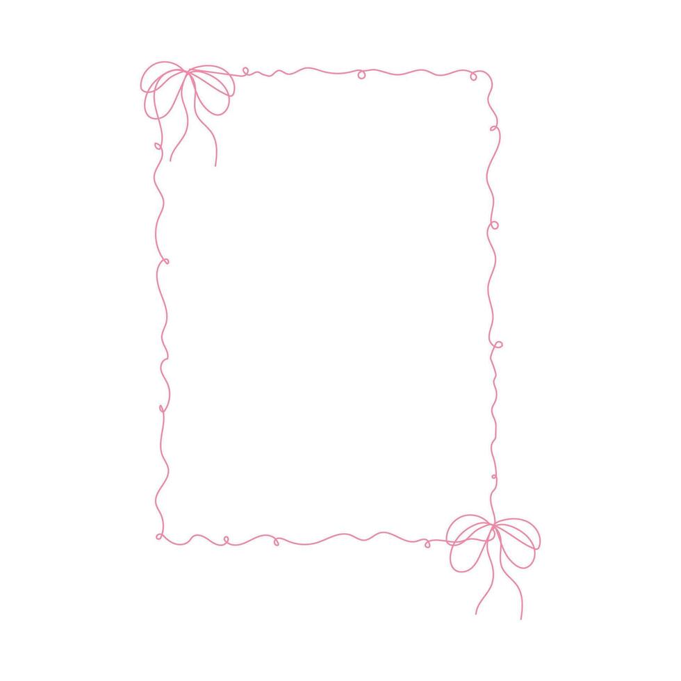 Coquette pink frame ribbon lace bow, pink wavy border y2k retro set. Aesthetic feminine decor. Ruffled ribbon. Doodle hand drawn. vector