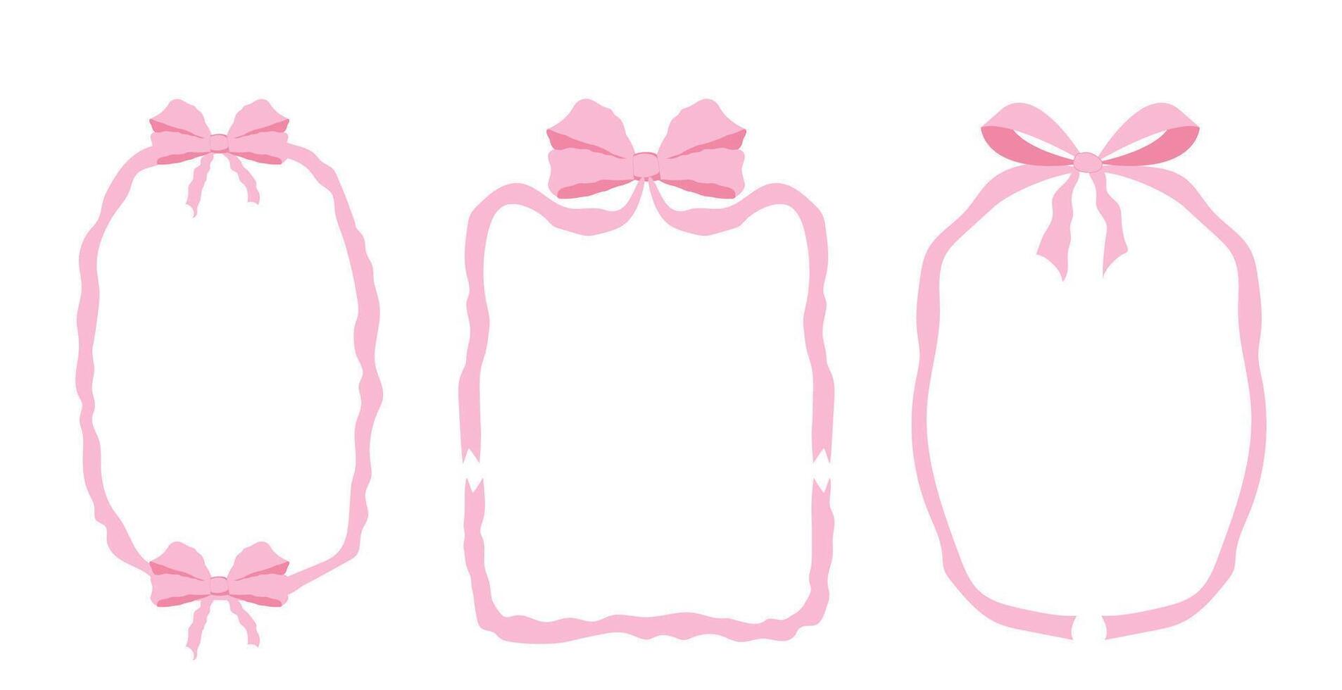 Coquette pink frame ribbon lace bow, pink wavy border y2k retro set. Aesthetic feminine decor. Ruffled ribbon. Doodle hand drawn. vector