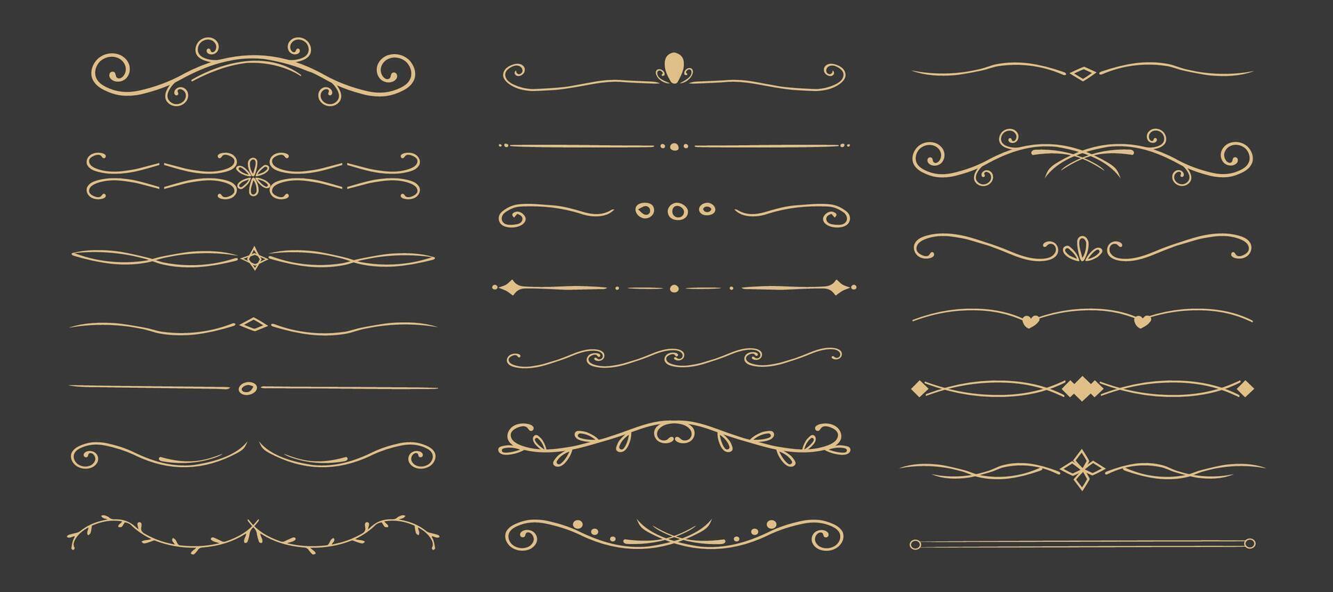 Swirl line divider, doodle decorative fancy ornament border, simple hand drawn frame. Retro curve set flourish thin decorations. vector