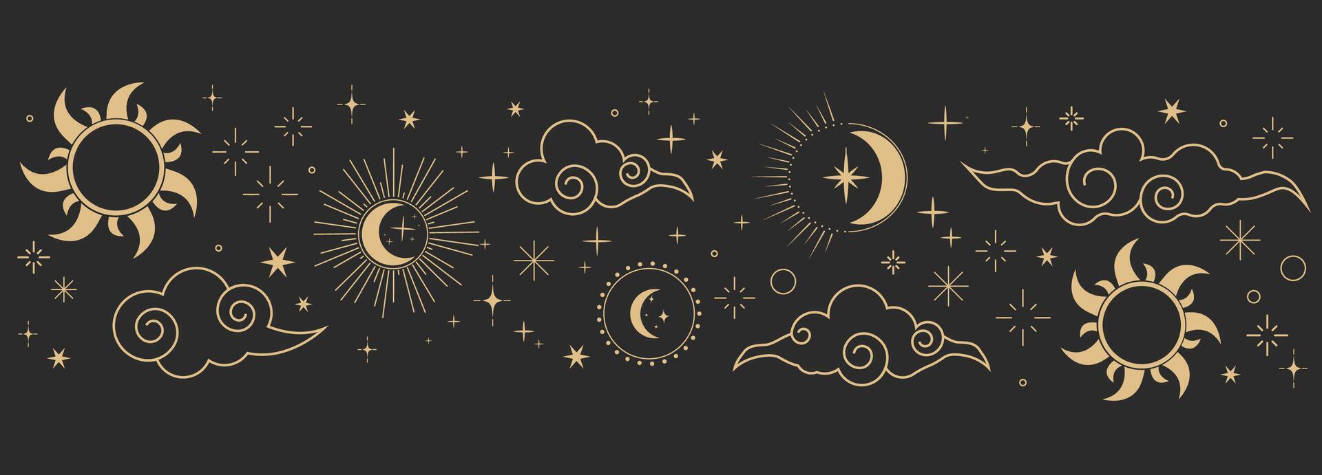 Celestial seamless border, witch spiritual decoration with asian clouds moon, sun burst and stars. line astrology pattern, minimal geometric background. vector