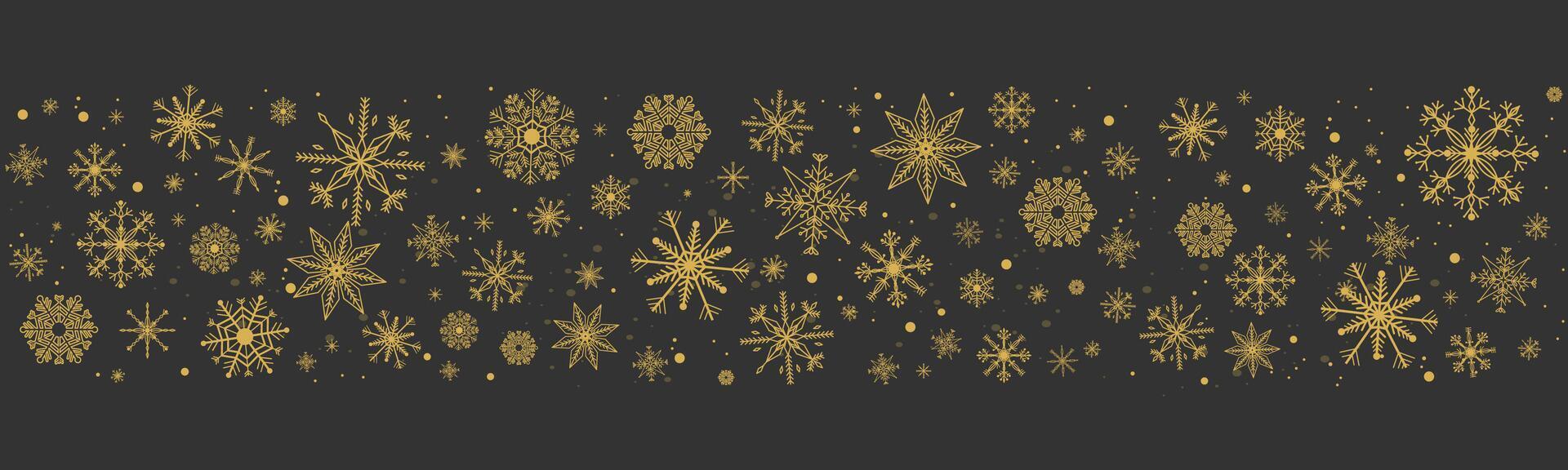 Gold snowflake border, winter holiday garland, falling golden snow and stars decoration isolated on dark background. Template with a Christmas elements vector