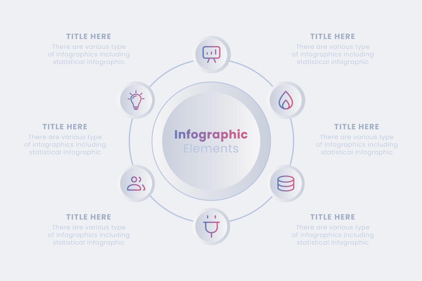 Neumorphic infographic design template. Ring-like chart with 6 steps of the manufacturing cycle. vector