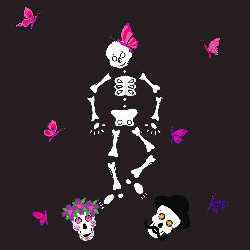 Cute skeleton dancing with sugar skull and pink butterfly. illustration on black background. vector