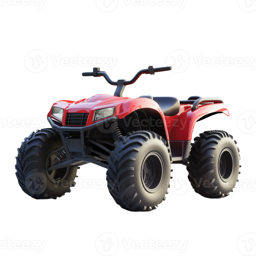 Red and black all-terrain vehicle parked on a clean surface next to greenery png