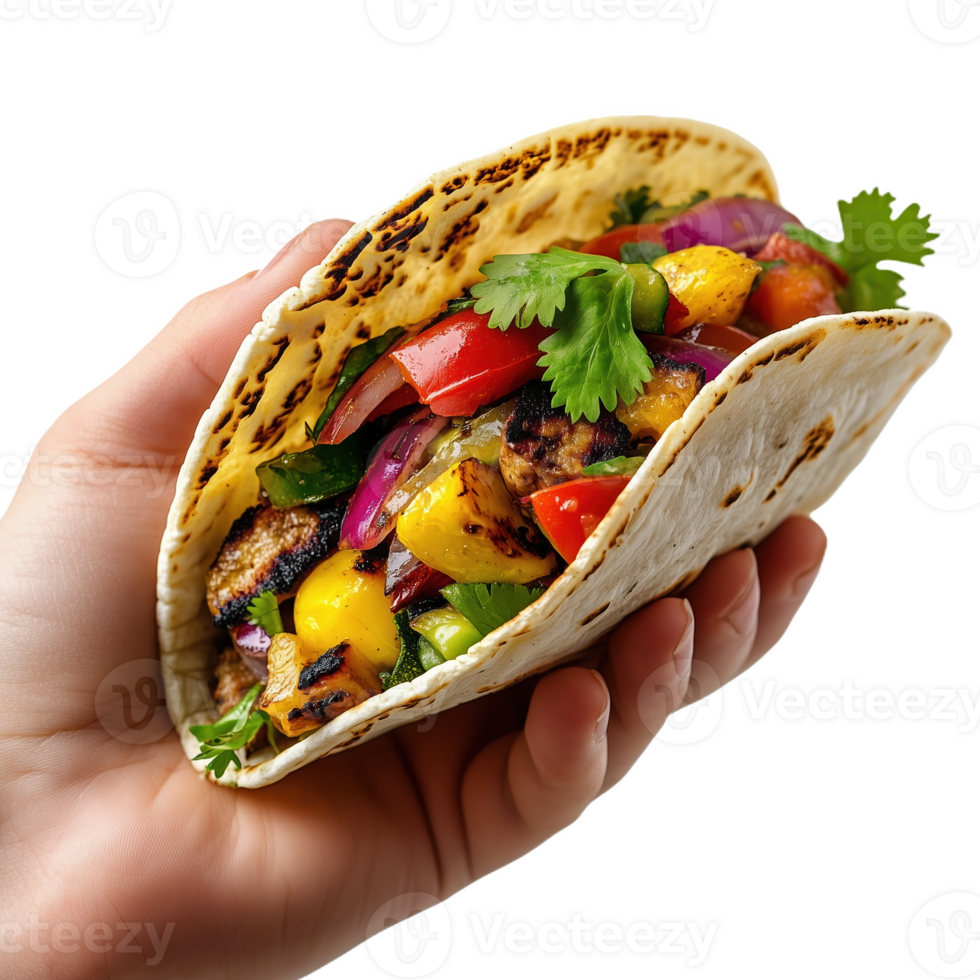 Delicious street taco filled with grilled vegetables held by a person outdoors png