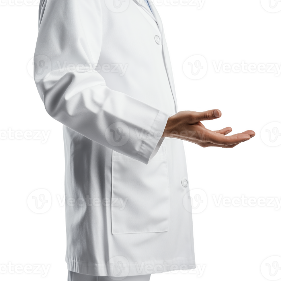 A person in a lab coat gestures confidently in a bright, clinical environment png