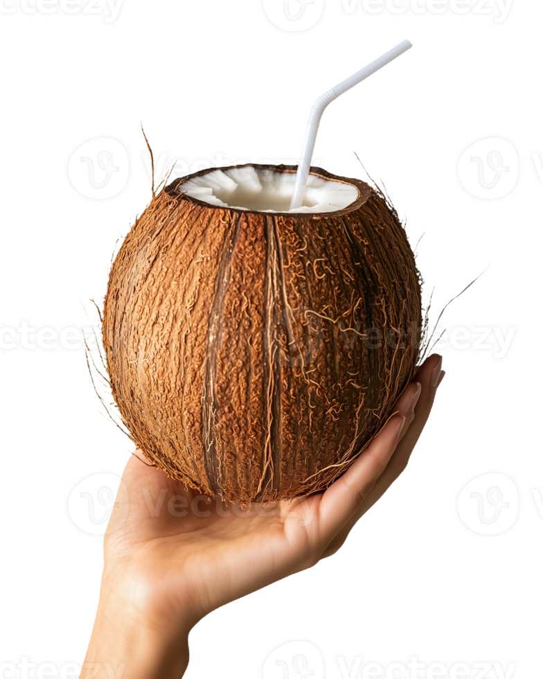 A person enjoying a fresh coconut drink with a straw in a tropical setting png