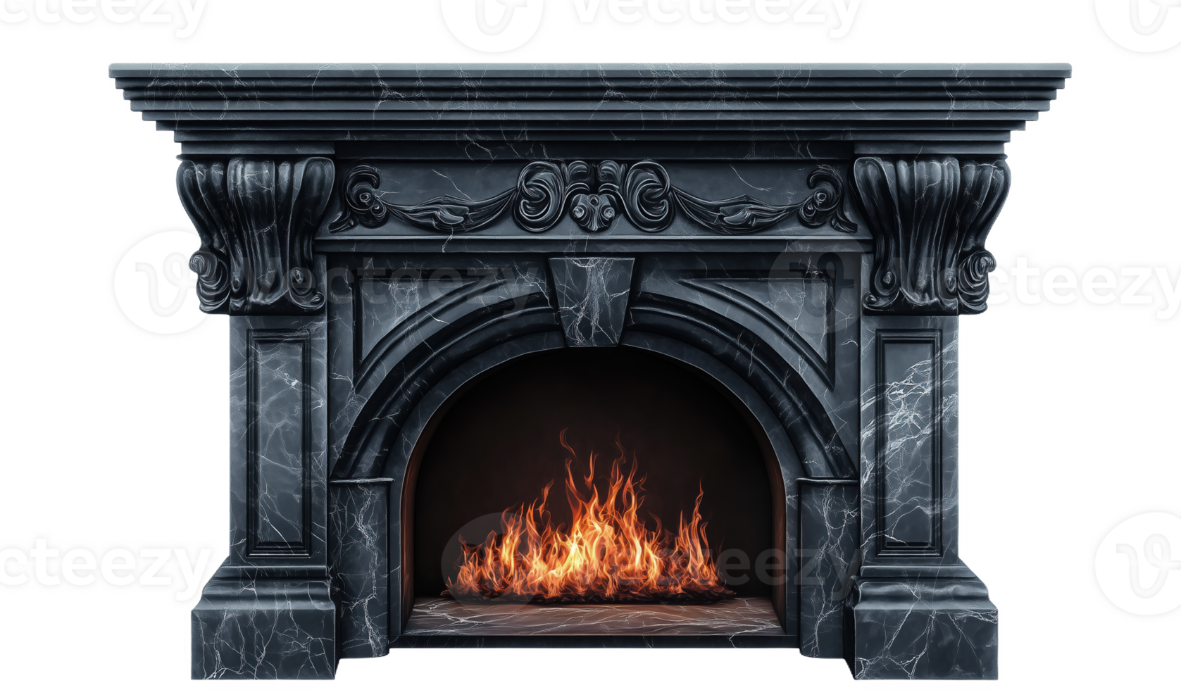 Elegant black marble fireplace with a warm fire glowing during a cozy evening png