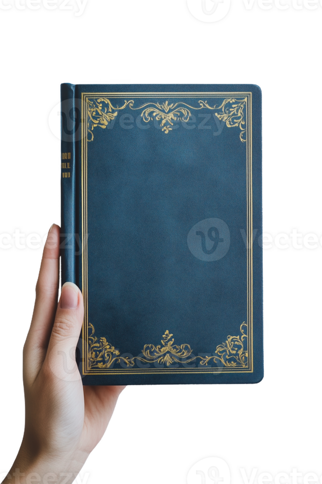 A person holds a blue hardcover book with intricate gold detailing in their hand png