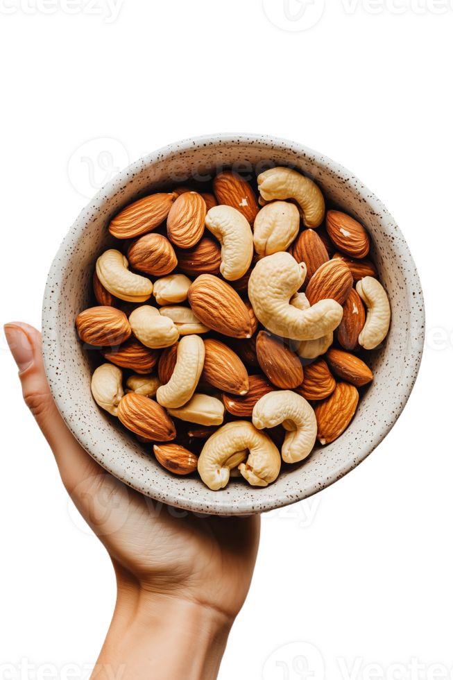 Person holding a bowl filled with a variety of mixed nuts including almonds png