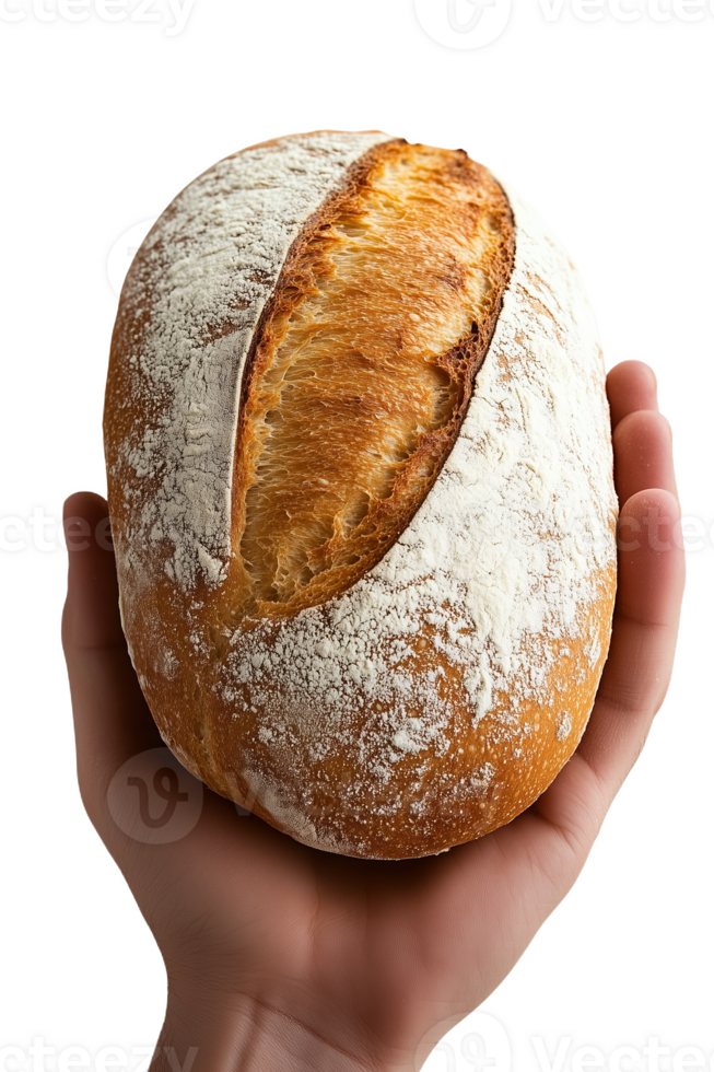A hand cradles a warm, rustic loaf of bread against a bright backdrop png