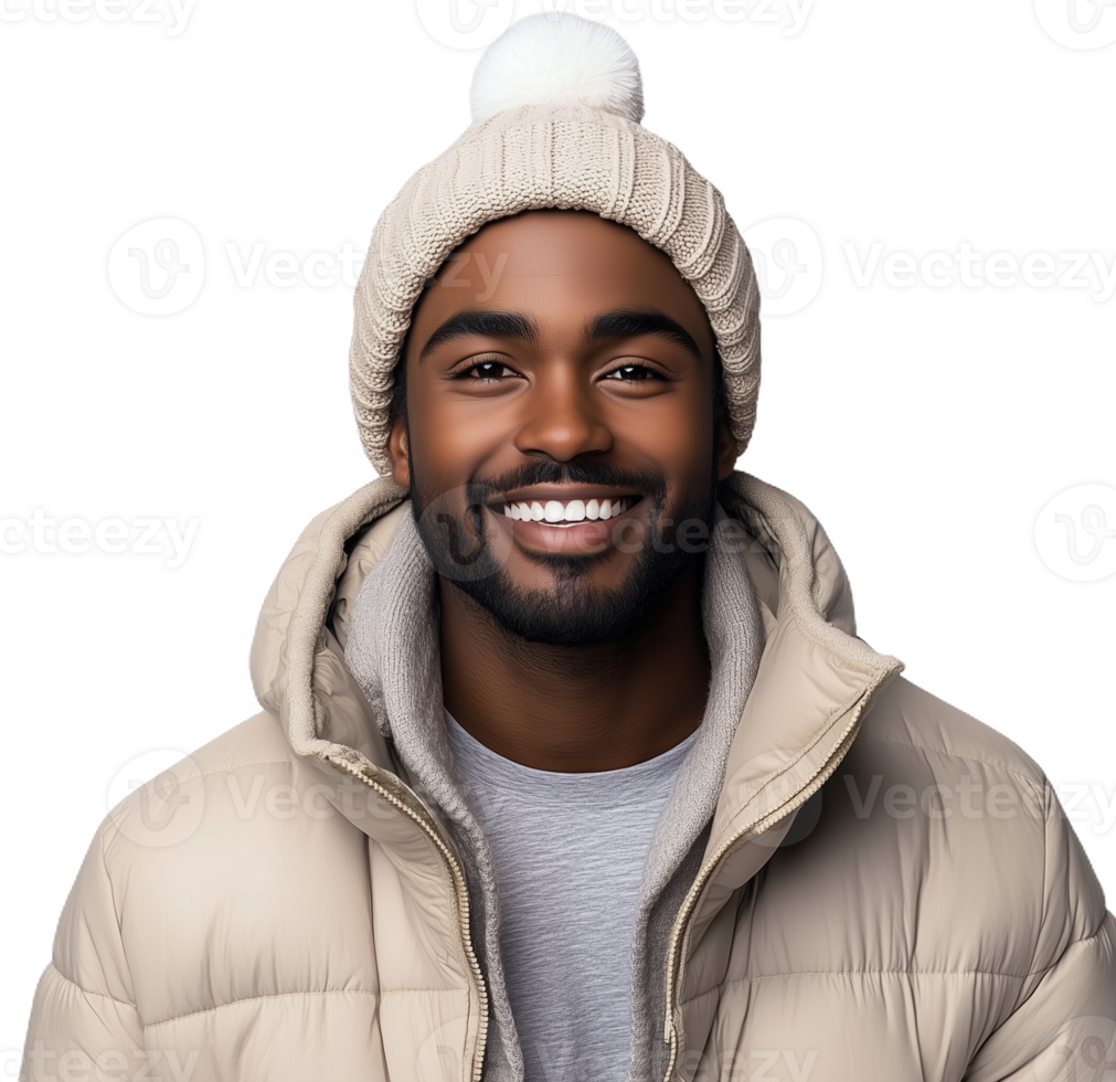 Handsome African American man wearing a winter hat and puffer jacket in a light backdrop png