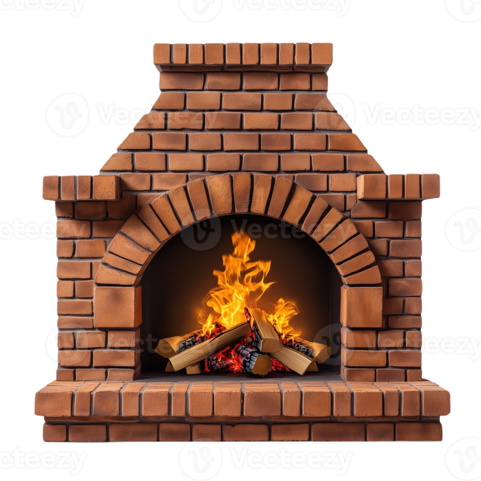 Cozy brick fireplace with burning firewood creating a warm ambiance in a room png