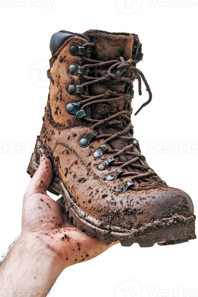 Hiker holding a muddy boot with untied laces after a long day on the trail png