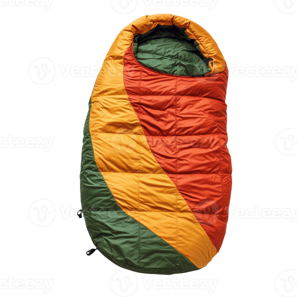 Cozy orange sleeping bag with a green and red design, great for camping png