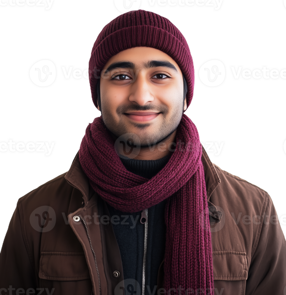 Attractive Indian man in a maroon hat and scarf posing against a light backdrop png
